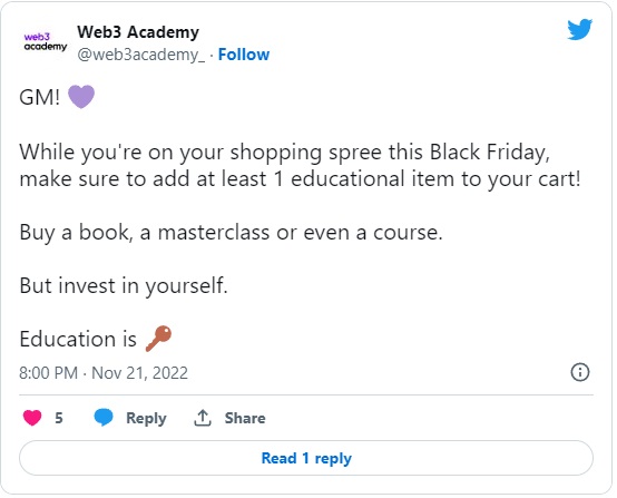 Tweet from Web3 Academy. 